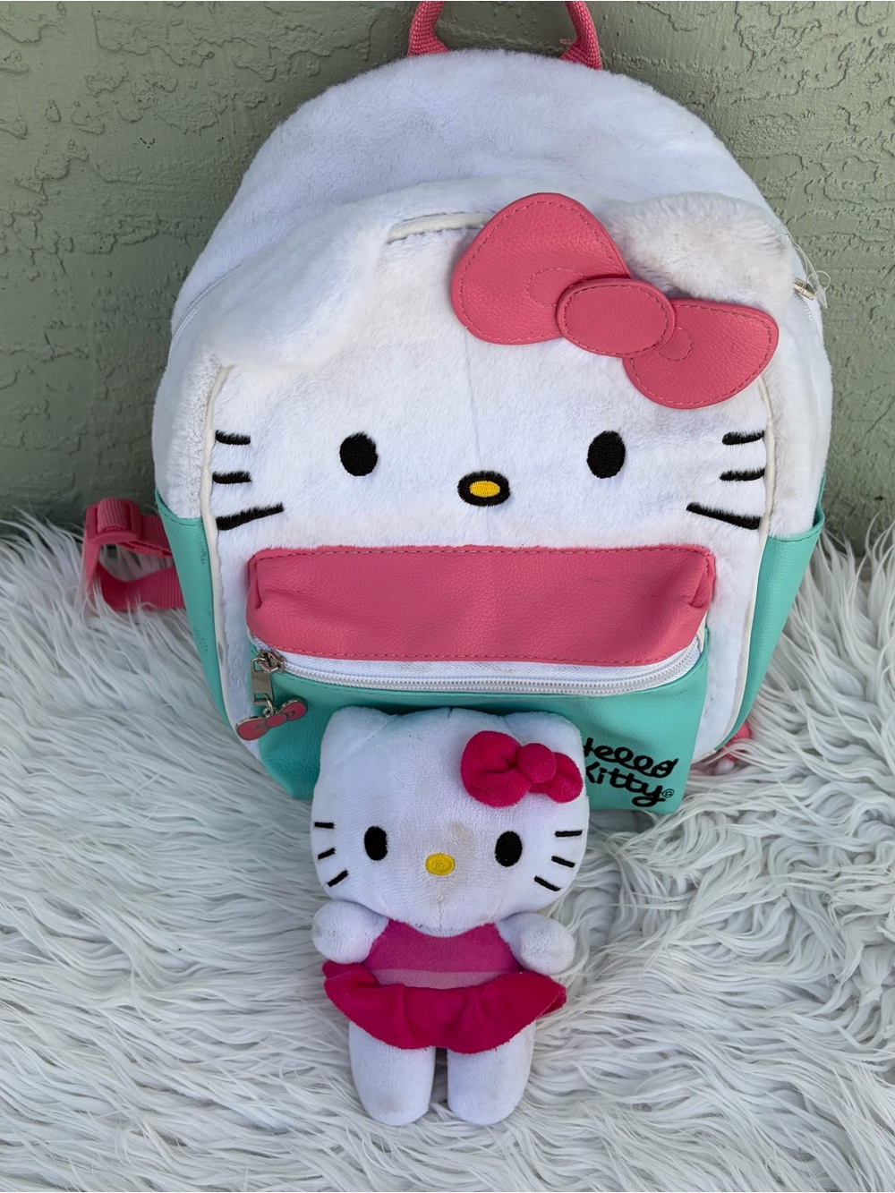 Hello Kitty Plush Backpack in White, Pink & Mint with Matching Doll